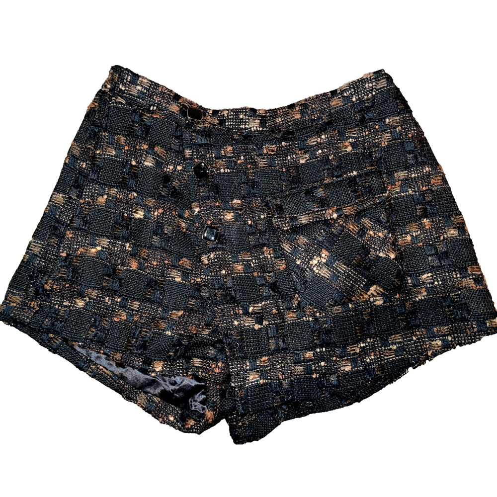 TCEC Womens Black Brown Gold Tweed Shorts Faux Buttons Pull On Elastic Large